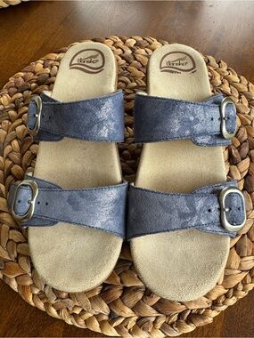 Dansko Shimmery light denim blue Double-Buckle Slide orthopedic Sandals